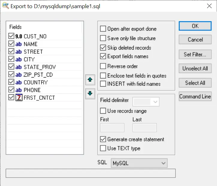 DBF to MySQL exporting