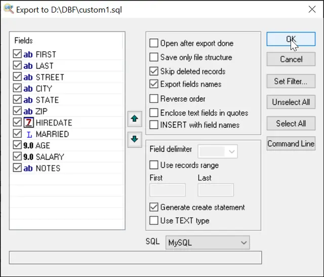 Exportieren Sie DBF in XLS, XLSX, CSV, SQL, XML und andere Formate